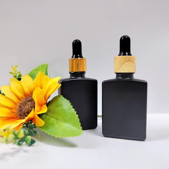 Üres újratölthető négyzet alakú szérum cseppentő palack 30ml 1oz matt fekete téglalap illóolaj üvegpalackok bőrápoló parfümhöz