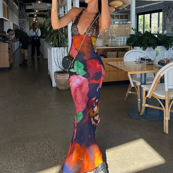 Szexi bájos 2023 virágos nyomtatás kivágott mély V-nyakú nyári parti vakáció Maxi ruha átlátszó csipke patchwork heveder ruhák