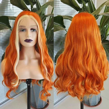 RONGDUOYI Highlight narancssárga Body Wave szintetikus paróka középső rész Szőke kiemelés szálas csipke elülső parókák női cosplay smink használat