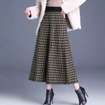 #1722 Szürke Khaki kockás A-vonalú szoknya - nők Koreai stílusú midi szoknya női rugalmas irodai vintage kötött szoknya női magas derék