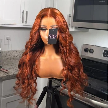 180% sűrűség 26 hüvelyk hosszú narancssárga hullámú szintetikus csipke elülső paróka babahajú nők számára Hőálló rostos haj napi viselet paróka