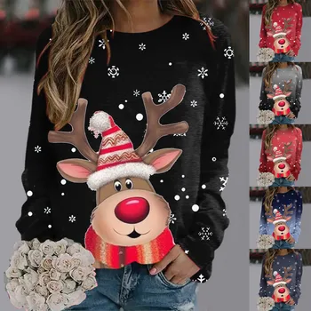 Gyapjú melegítőnadrág női készlet Nők Karácsonyi szarvas hosszú ujjú kerek nyakú divat alkalmi téli és őszi kapucnis pulóver