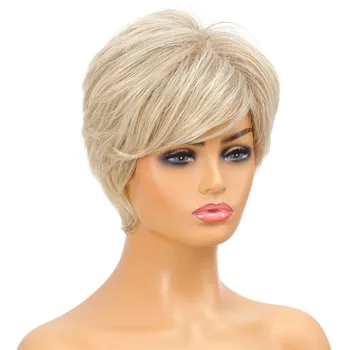 Vegyes szőke szintetikus paróka Rövid pixie oldalsó osztott parókák fehér nők számára Napi hamis haj paróka frufruval hőálló szál
