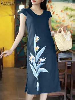 ZANZEA Summer Fashion rövid ujjú Sundress női alkalmi virágmintás ruha V-nyakú vádliközépig érő ruhák Női partiköntös